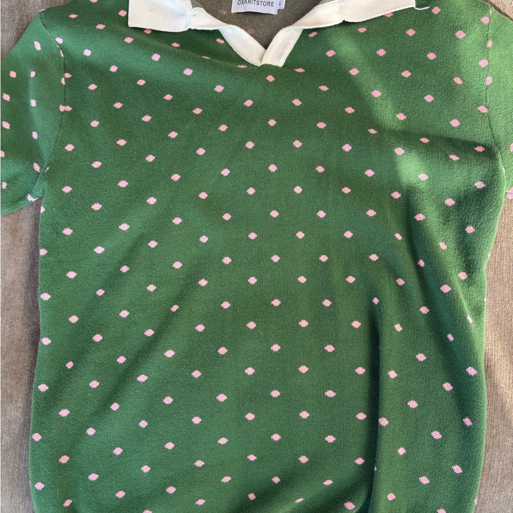 Green Polo Shirt with Pink Polka Dots